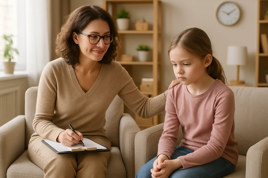 Child psychologist supporting a young client in a comfortable office